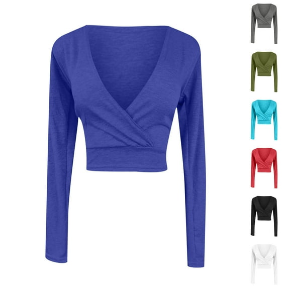 Aboser Long Sleeve Cropped Shirts for Women Y2k Tops Trendy Deep V Neck T-Shirt Lightweight Slim Fit Basic Tees Casual Solid Color Tee Top Sky Blue M