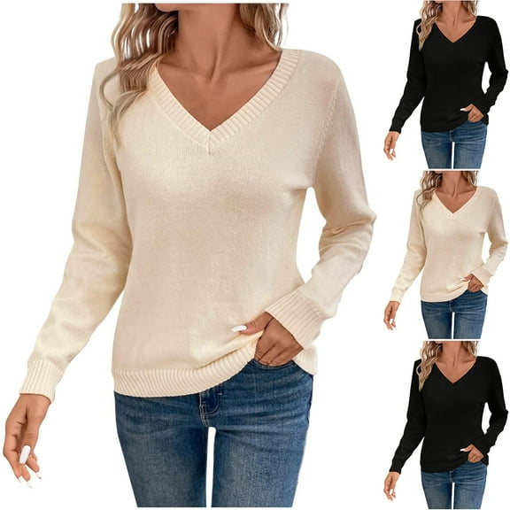 Aboser Long Sleeve Knit Sweaters for Women Classic V Neck Pullover Tops Lightweight Solid Color Sweater Comfy Soft Jumper Top Fall Winter Casual Knitwear Beige S