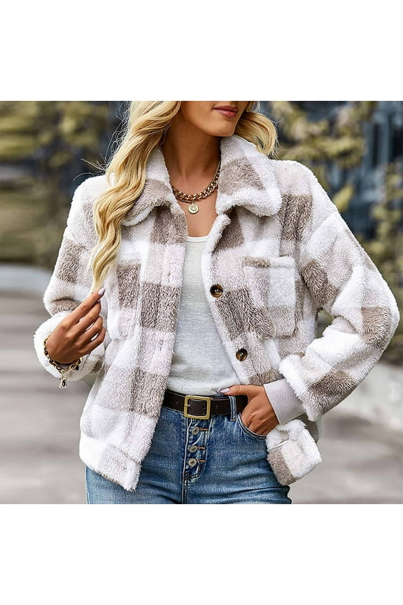 Long Sleeve Plaid Shacket for Women Trendy Lapel Crop Jackets Winter Warm Fleece Jacket Fitted Button Down Coat Tops