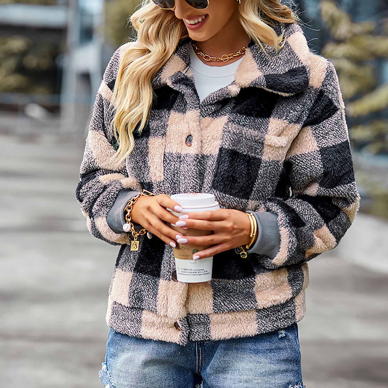 Aboser Long Sleeve Plaid Shacket for Women Trendy Lapel Crop