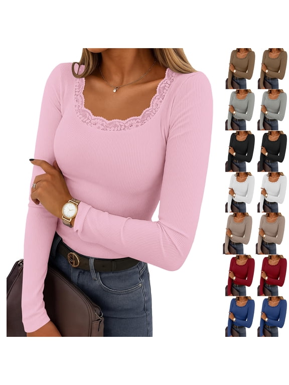 Long Sleeve Ribbed Tops for Women Y2k Scoop Neck Layering Shirts Slim Fit Lace Undershirts Thin Casual Base Layers Shirt Going Out Tops