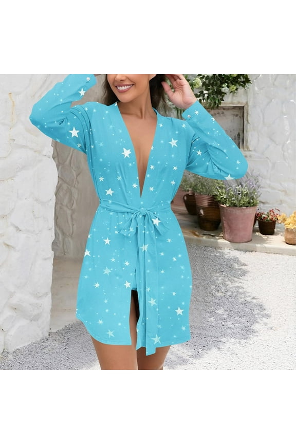 Long Sleeve Robes for Women Trendy Stars Graphic Sleepwear Plus Size Short Bathrobes Comfy Casual Belted Loungewear Soft Loose Fit Bath Robe Sky Blue XXL