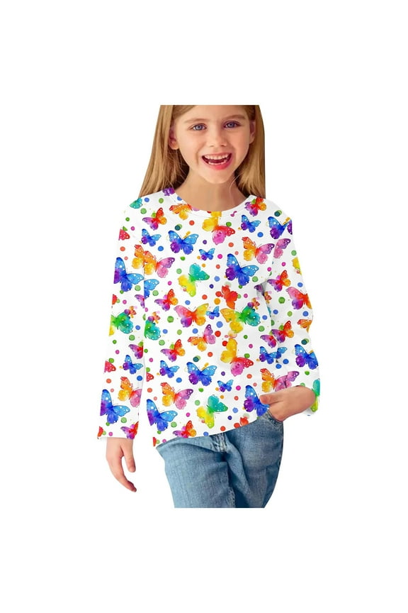 Long Sleeve Shirts for Boys Cute Colorful Butterfly Graphic T-shirt Casual Fall Clothes Y2k Tops Cute Crew Neck Blouses Size 3-12 Years