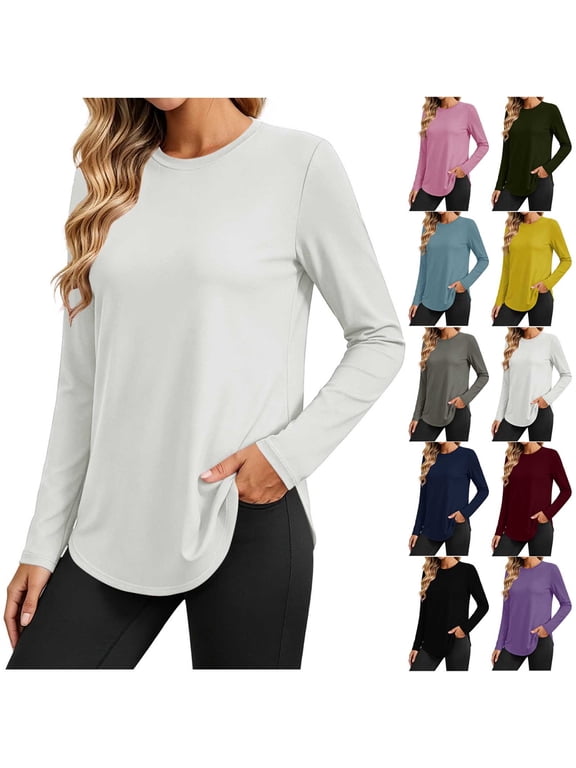 Long Sleeve Tops for Juniors Womens T Shirts Fitted Casual Basic Tee Breathable Crew Neck Base Layers Comfy Soft Plain Shirt