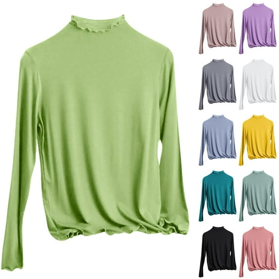 Aboser Long Sleeve Tops for Women Layering Shirts Soft Mock Neck T Shirt Slim Fit Plain Top Solid Color Basic Tees Casual Ruffled Trim Blouses