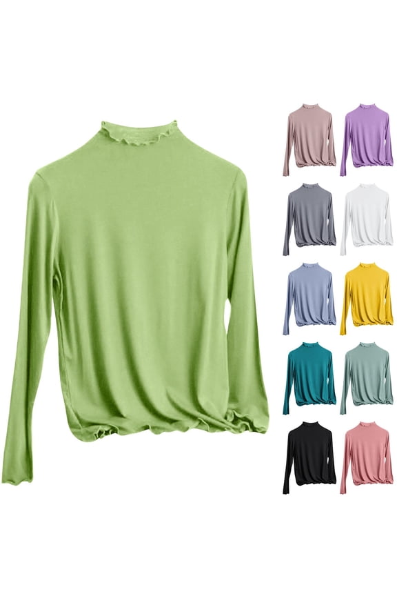 Long Sleeve Tops for Women Layering Shirts Soft Mock Neck T Shirt Slim Fit Plain Top Solid Color Basic Tees Casual Ruffled Trim Blouses