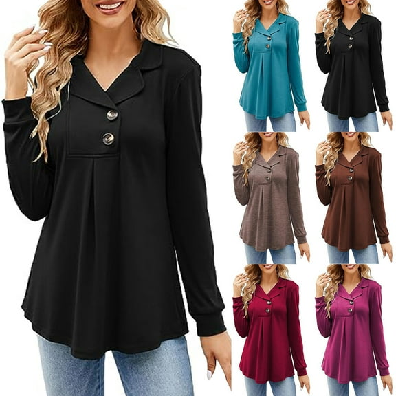 Aboser Long Sleeve Tunic Tops for Women Dressy Casual Notch Collared Shirts Trendy Button Decor Tunics to Wear with Leggings Flowy Loose Fit V Neck Blouses Black M
