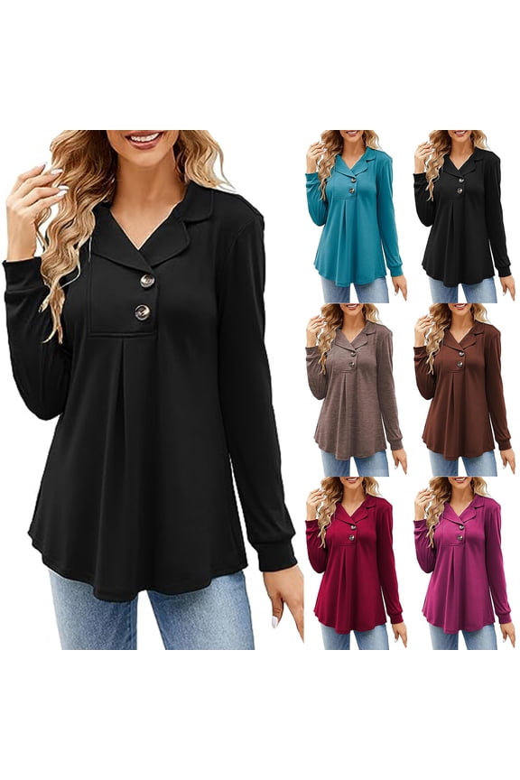 Long Sleeve Tunic Tops for Women Dressy Casual Notch Collared Shirts Trendy Button Decor Tunics to Wear with Leggings Flowy Loose Fit V Neck Blouses Black XXL
