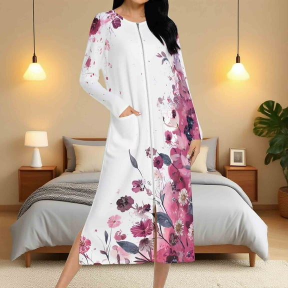 Aboser Long Sleeve Zipper Robes for Women Elegant Floral Printing Nightgown Soft Full Length Housecoat Lightweight Breathable Long Loungewear Sleepwear with Pockets