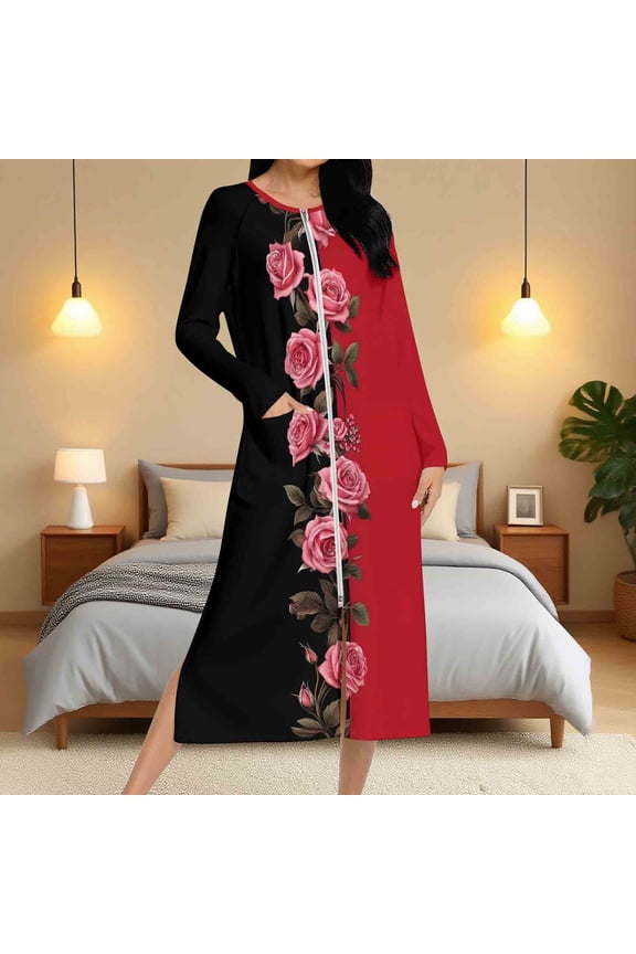 Lounger Robes for Women Full Length Long Sleeve Duster Housecoat Elegant Rose Print Loungewear Casual Split Hem Bathrobe Soft Cozy Nightgown with Pockets
