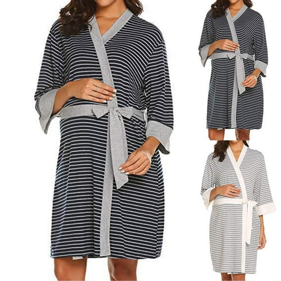 Aboser Maternity Nursing Robes for Women Labor Delivery Pregnancy Bathrobes Cozy Striped Print Kimono Robe Loose Lightweight Short Nightgowns Gray S
