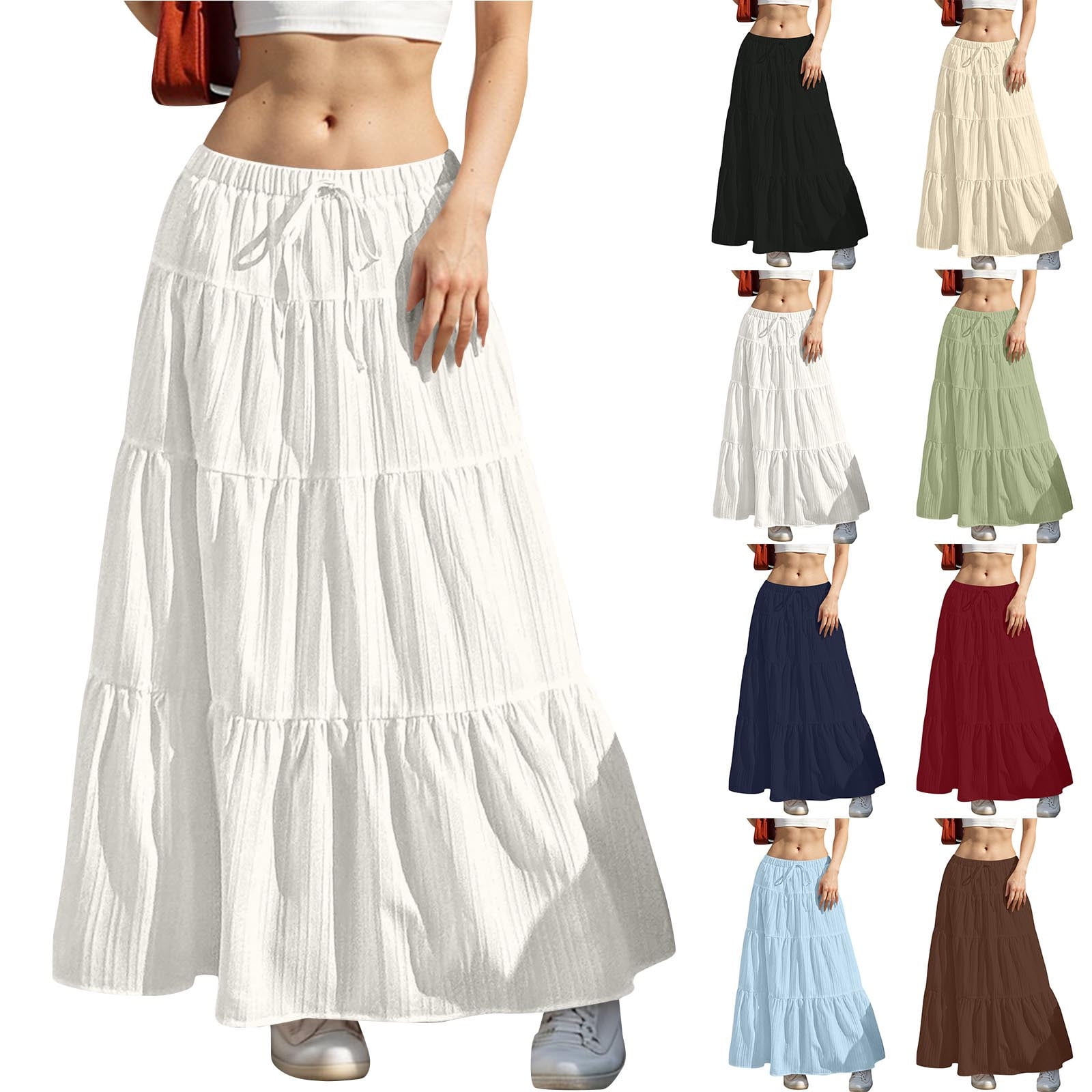 Flygo Women's Polka Dot Midi Skirt - Elastic Waist Tiered Ruffle Long Skirt For Spring, Summer, Fall