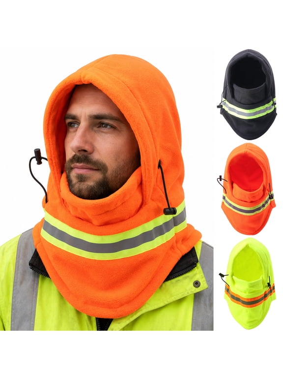 Mens Hi Visibility Balaclava Winter Thermal Fleece Safety Hat Reflective Stripes Windproof Fleece Hats Ski Snow Face Mask for Men Full Face Mask Neck Cover