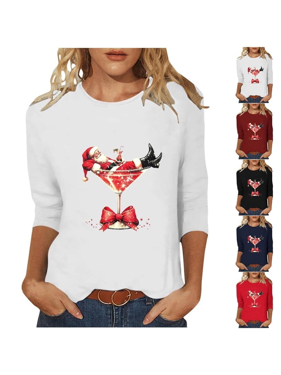 Merry Christmas 3/4 Length Sleeve Womens Tops Plus Size Holiday Party Shirts Fashion Xmas Santa Claus Print T Shirt Casual Round Neckline Blouse