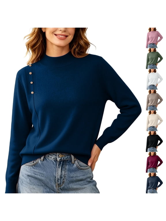 Mock Neck Knit Shirts for Women with Button Decor Knitwear Dressy Casual Long Sleeve Jumper Tops Cozy Soft Fall Sweaters