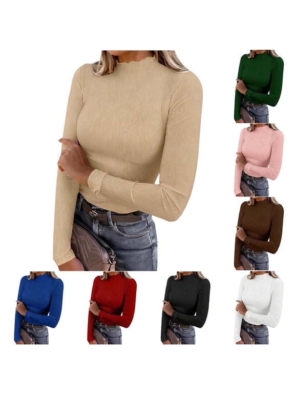 Mock Neck Shirts for Women Ribbed Knit Basic Tees Slimming Long Sleeve Tops Stretchy Casual Mockneck Tshirts Solid Color Fitted Layering Shirt Fall Undershirts
