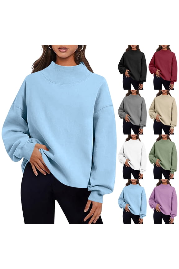 Mock Neck Sweatshirt for Women Oversized Turtleneck Shirts Trendy Long Sleeve Plain Pullover Tops Cozy Casual Sweatshirts Solid Color Loose Fit Sweater