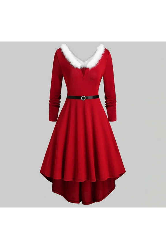 Mrs Claus Santa Costume Dresses for Women 2026 Winter A-Line Dress Xmas Furry Trim Midi Dresses Christmas Dress Santa Clause Outfit