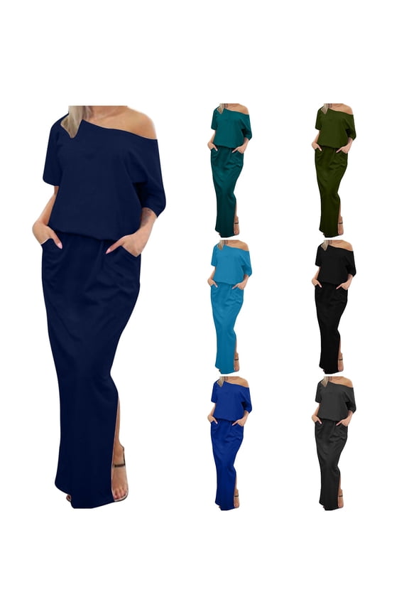 Off the Shoulder Dresses for Women Floor Length Maxi Dress with Pockets Trendy Short Sleeve Party Dresses Solid Color Long Dress