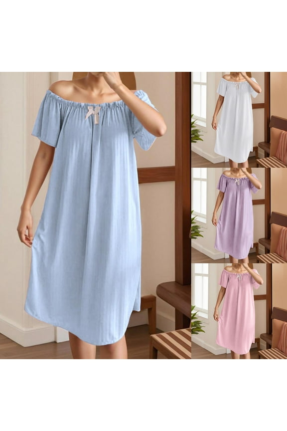 Off the Shoulder Nightgown for Women with Built in Bras Victorian Sleepdress Comfy Short Sleeve Loungewear Soft Loose Chemise Nightshirts