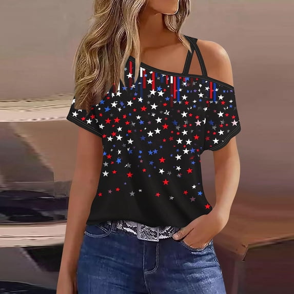 Aboser Off the Shoulder Shirts Women 4th of July Tops Trendy Short Sleeve Summer T Shirt Cute USA Stars Graphic Tees American Flag Patriotic Tshirts