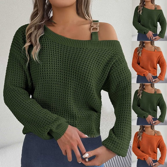 Aboser Off the Shoulder Sweaters for Women Trendy Cable Knit Jumper Tops Cozy Long Sleeve Pullover Lightweight Casual Plain Sweater Blouses Orange M