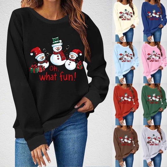 Aboser Oh,What fun! Merry Christmas Sweatshirt Women Y2k Shirts Trendy Xmas Snowman Print Pullover Comfort Long Sleeve Tops Loose Round Neck Sweatshirts