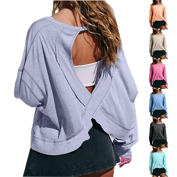 Aboser Open Back Workout Shirts for Women Long Sleeve Athletic Shirt Oversized Round Neck Pullover Moisture Wicking Backless Crop Tops Y2k Clothes Black S