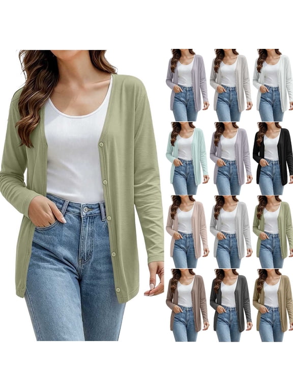 Open Front Cardigan for Women Cotton Long Sleeve Cardigans Lightweight Casual Fall Blouses Loose Fit Plain Duster Tops
