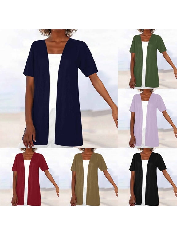 Open Front Linen Cardigan for Women Cotton Short Sleeve Shrugs Lightweight Long Cardigans Summer Casual Beach Dusters Comfy Soft Blouses