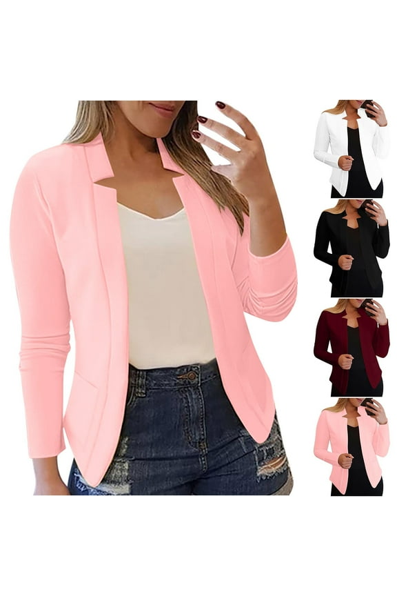 Open Front Suit Jackets for Women Plus Size Long Sleeve Shrug Cardigan Dressy Casual Slimming Blazer Jacket Solid Color Cropped Coats