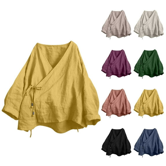 Aboser Oversized Kimono Tops for Women Lightweight Cotton Linen Shirts Casual Side Tie Blouses Loose V Neck Kimonos Breathable Soft Blouse Brown L