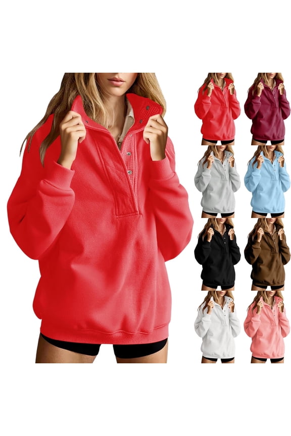 Oversized Sweatshirts for Women No Hood Mock Neck Shirts Trendy Half Button Pullover Tops Fleece Long Sleeve Tunic Sweatshirt Y2k Clothes Watermelon Red XL
