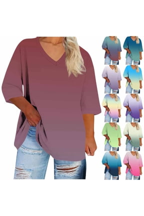 Oversized T Shirts for Women 3/4 Sleeve Tops Plus Size Gradient Print Tshirts Loose Fit V Neck Blouse Breathable Soft Fall Pullover Tops
