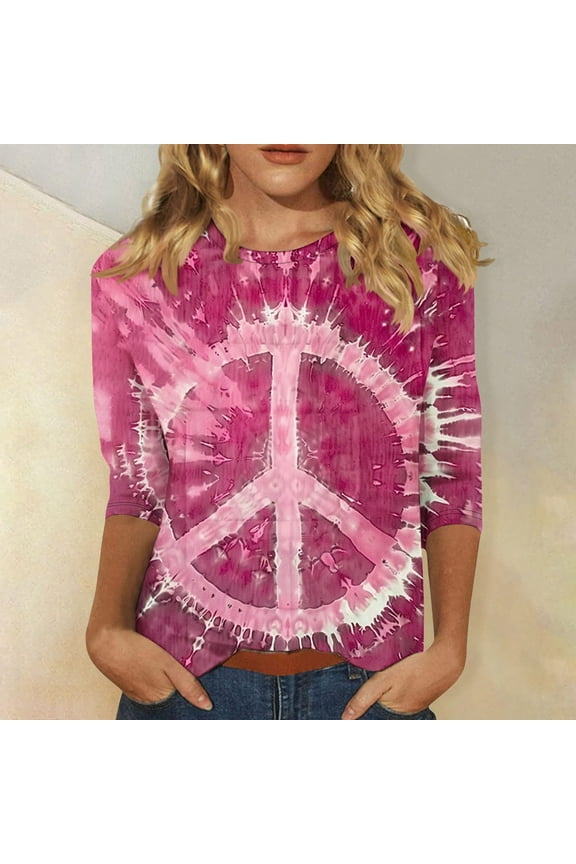 Peace Love Shirts for Women Hippie Theme Party Graphic Tees Soul Inspirational T Shirt Vintage 3/4 Sleeve Tops Casual Floral Print Tshirt