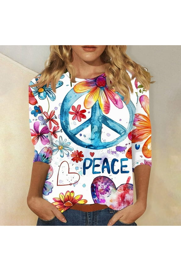 Peace Sign Hippie Shirts for Women 3/4 Length Sleeve Tops Fashion Floral Graphic Tees Loose Fit Comfy Clothes Vintage Hippie Costume Clothes