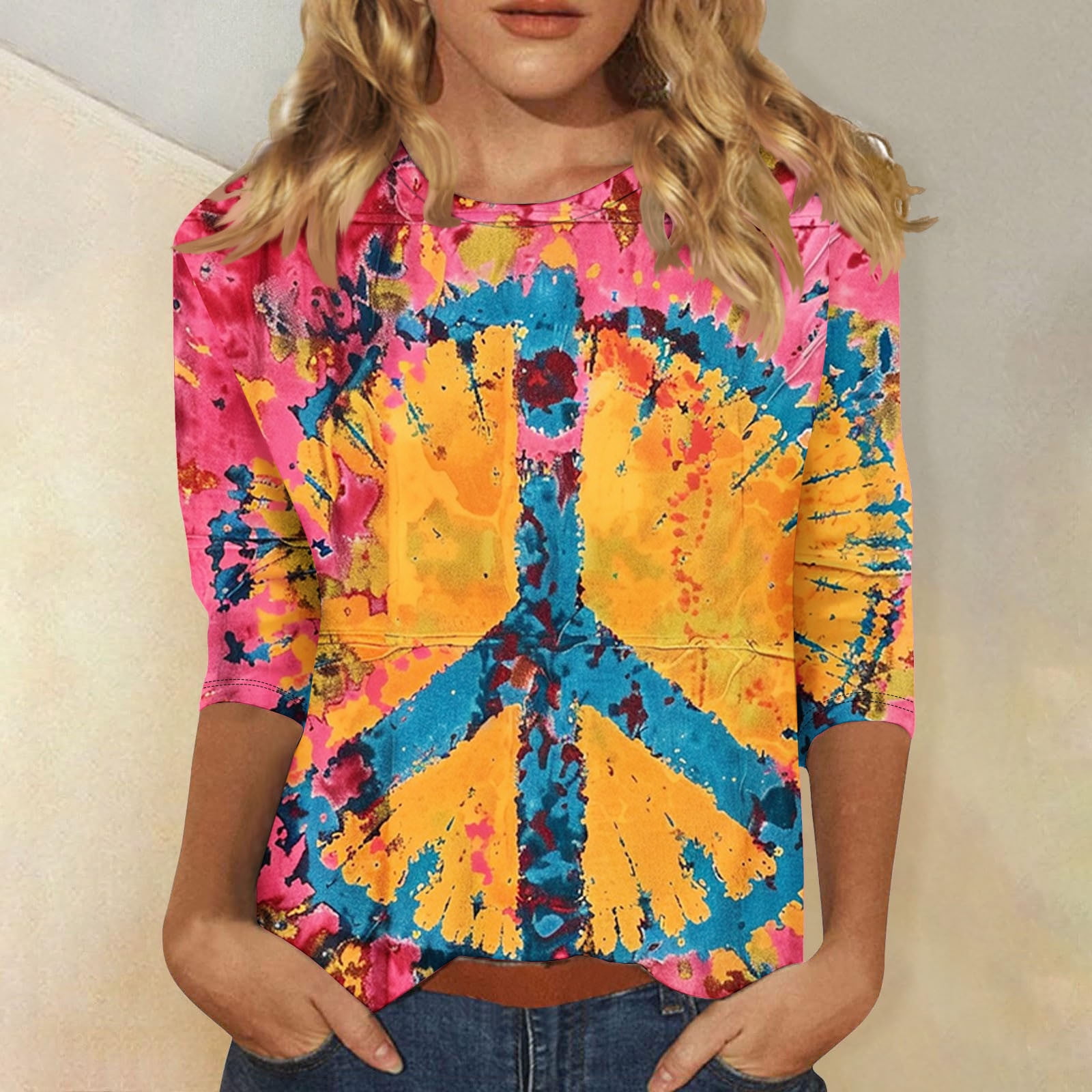 Women's Vintage Orange Peace Sign Floral Hippie Art Print Casual Linen Cotton Long Sleeve T-shirt