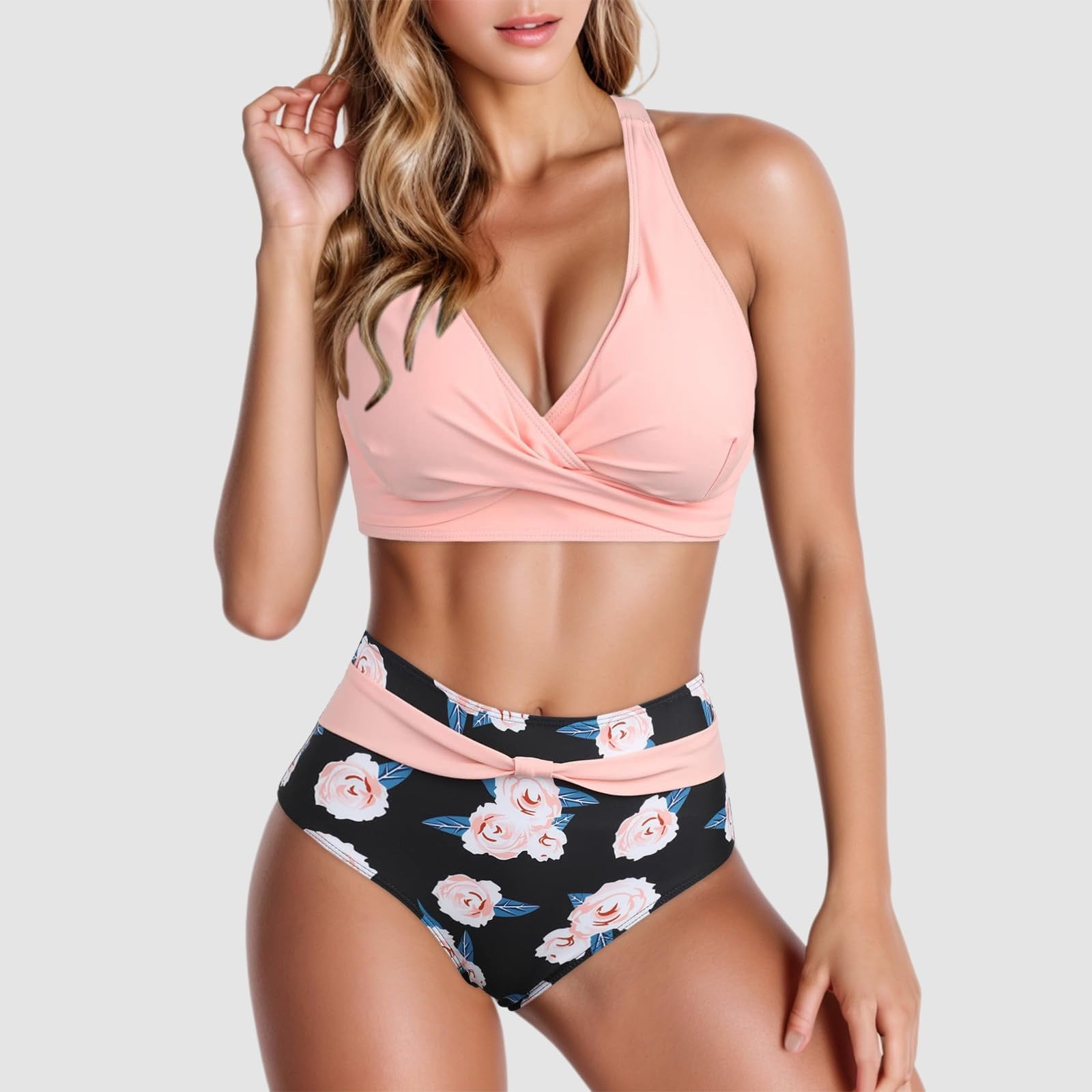 Aboser Pink Bikini Sets for Women Push Up 2 Piece Bathing Suits High Waisted Shorts Bikinis