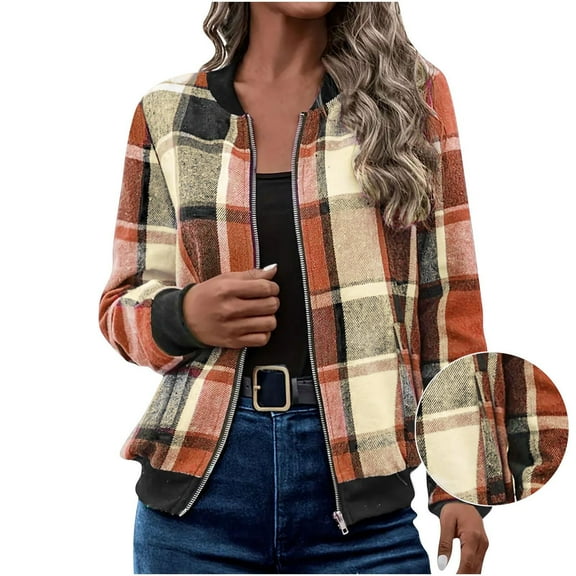 Aboser Plaid Bomber Jackets for Women Retro Chequered Print Windbreaker Zip Up Cropped Jacket Casual Stand Collar Outerwear Lightweight Long Sleeve Coat with Pockets