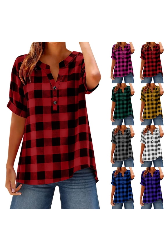 Plaid Henley Shirts for Women Trendy Checked Print T Shirt Plus Size Short Sleeve Blouses Breathable Cotton Linen Blouse Going Out Tops
