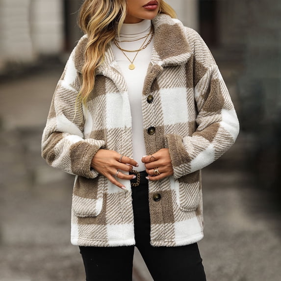 Aboser Plaid Jacket Women Fuzzy Fleece Outerwear Button Down Long Sleeve Shacket Jackets Trendy Warm Sherpa Coat with Pockets