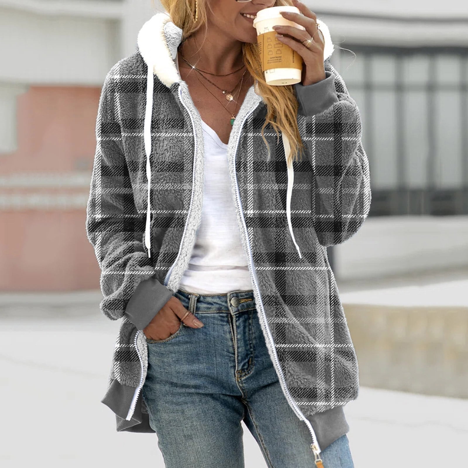 PIFAME Womens Plaid Shacket Fall Jacket Fleece Lined Button Up Cardigan Plaid Lapel Casual Coats Y2K Shirt Jackets 2024
