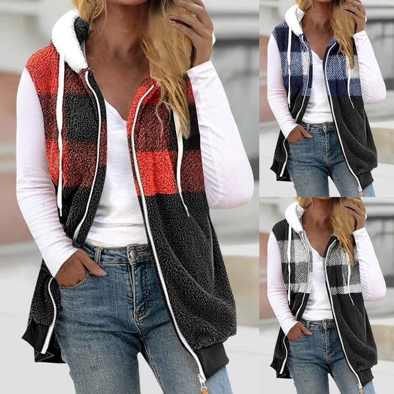 Aboser Plaid Vest Jacket for Women Plus Size Fleece Jackets Fuzzy Sherpa Plush Outerwear Zip Up Sleeveless Vests Fluffy Soft Hooded Coats