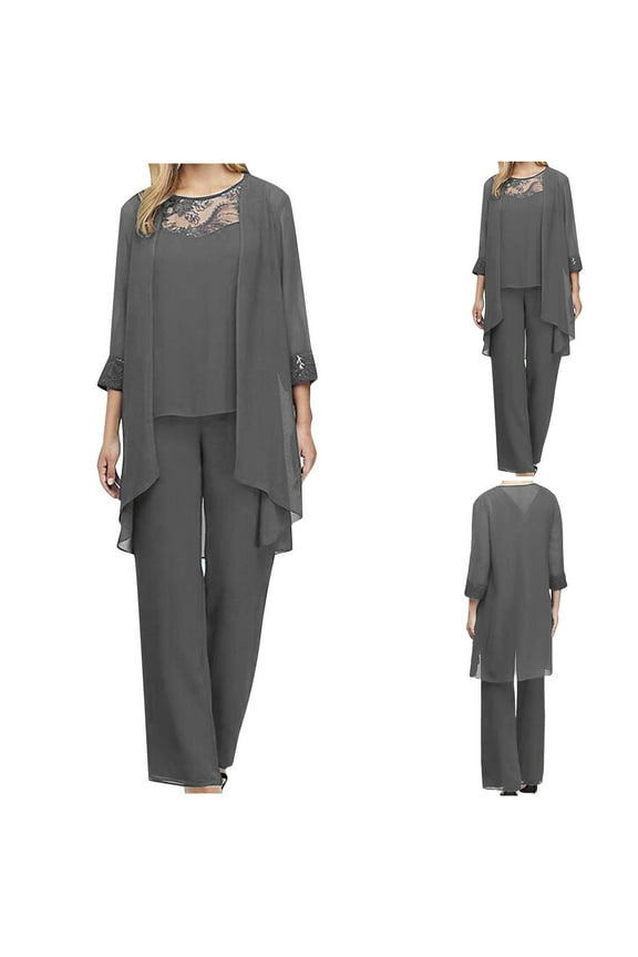 Plus Size 3 Piece Chiffon Outfit for Women Dressy Casual Matching Lounge Sets Cardigan Blouse Pants Set Comfy Crewneck Outfits