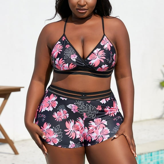 Aboser Plus Size Bikini Swimsuits for Women 2 Piece Bathing Suit Fashion Floral Printed Bikinis Straps Crisscross Back Swimwear