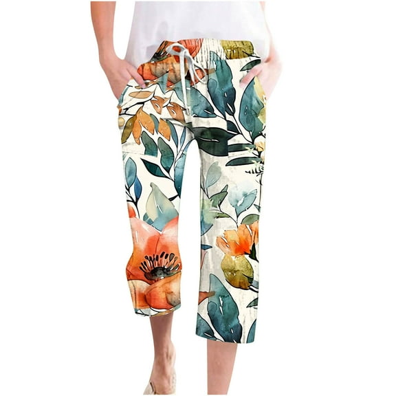 Aboser Plus Size Capri Pants for Women Casual Summer Clearance Linen Capri Lounge Pants Trendy Tropical Graphic Skimmer Pants Cropped Trousers