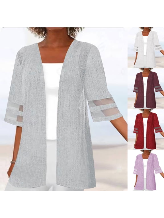 Plus Size Linen Cardigans for Women Trendy Sheer Half Sleeve Kimono Cardigan Lightweight Cotton Linen Kimonos Loose Open Front Long Blouses