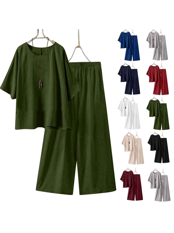 Plus Size Mother of Bride Pant Suits for Women 2 Piece Wide Leg Sets Ruffle Layers Lounge Set Wedding Guest Gowns Loose Cotton Linen Formal Outfits