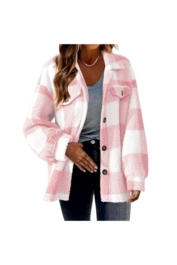 Plus Size Plaid Jacket Women Warm Plush Tartan Shacket Casual Button Fleece Coats Lapel Long Sleeve Shirt Coat with Side Pockets