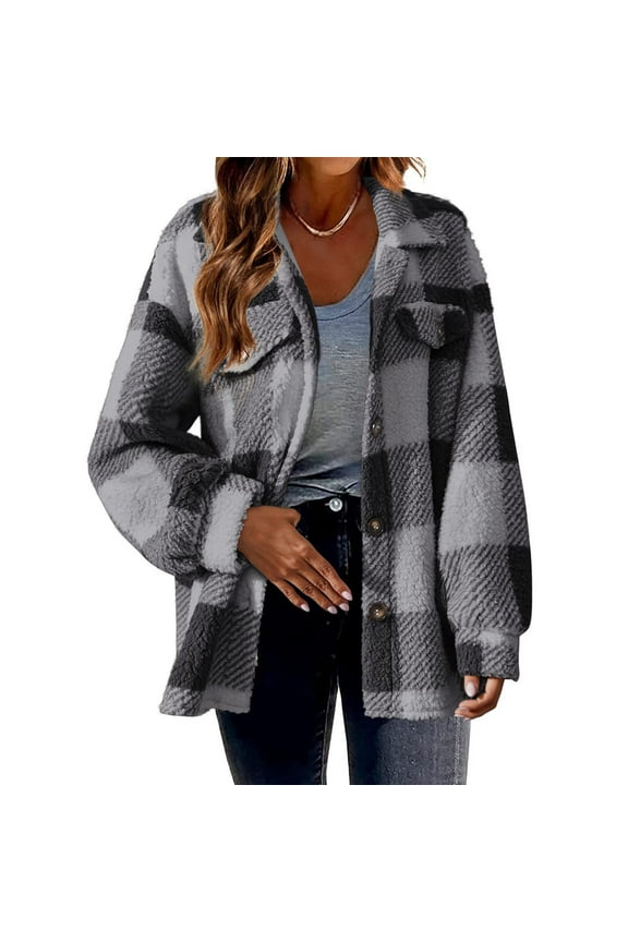 Plus Size Plaid Jacket Women Warm Plush Tartan Shacket Casual Button Fleece Coats Lapel Long Sleeve Shirt Coat with Side Pockets